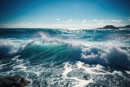sparkling ocean waves on sunny day, created with generative aiの素材