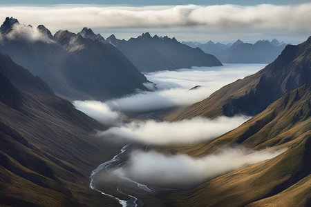 remote mountain range with tall peaks and winding rivers, surrounded by misty clouds, created with generative aiの素材