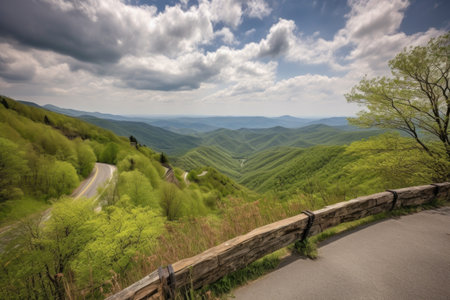 stop at scenic vista of a winding mountain road with breathtaking views, created with generative aiの素材