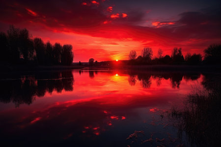 reflection of the red sunset on serene lake, created with generative aiの素材