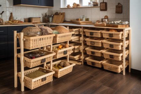 multi-tiered storage system, with baskets or bins for storing items of different sizes, created with generative aiの素材