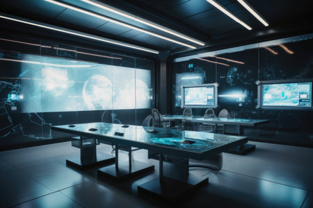 meeting room in futuristic science lab, with floating screens and holographic displays, created with generative aiの素材