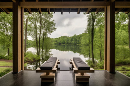 wellness retreat with view of peaceful lake, surrounded by trees, created with generative aiの素材