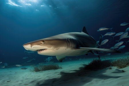 sand tiger shark swimming over rays, hunting for its next meal, created with generative aiの素材