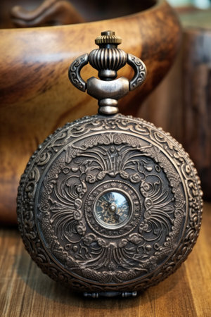 pocket watch with intricate engravings on table, created with generative aiの素材