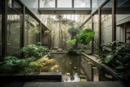 peaceful serenity of indoor garden, with water features and natural light, created with generative aiの素材