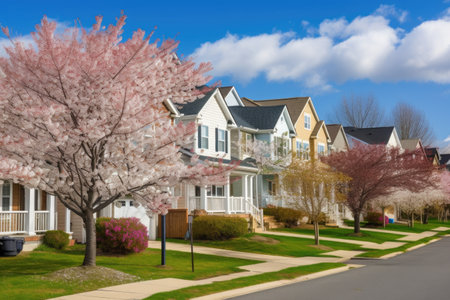 residential neighborhood with blooming cherry trees in full bloom, created with generative aiの素材