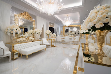 white-and-gold reception area with sleek furnishings, luxurious floral arrangements and crystal accents, created with generative aiの素材