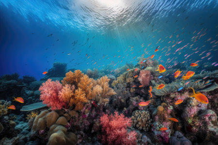 tropical fish swimming past vibrant coral reef, created with generative aiの素材