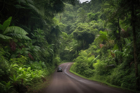 lush tropical jungle road trip with towering trees and exotic flora, created with generative aiの素材