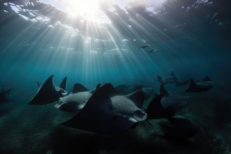school of rays swimming in synchronous formation, their delicate fins and tails shimmering, created with generative aiの素材
