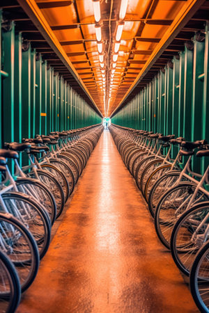 rows of bicycles in a shared bike rental system, created with generative aiの素材