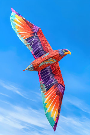 colorful kite soaring against a clear blue sky, created with generative aiの素材