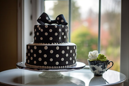 wedding cake with black and white polka dots and matching bow, created with generative aiの素材
