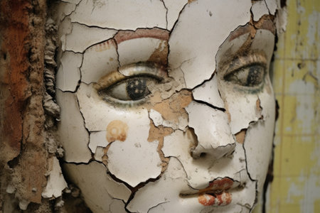 close-up of an antique dolls face with cracked paint, created with generative aiの素材