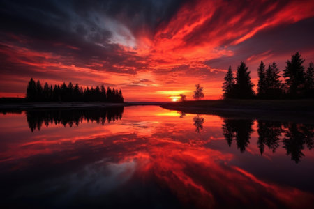 reflection of the red sunset on serene lake, created with generative aiの素材
