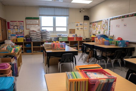 empty classroom filled with books and supplies, ready for the start of a new school year, created with generative aiの素材