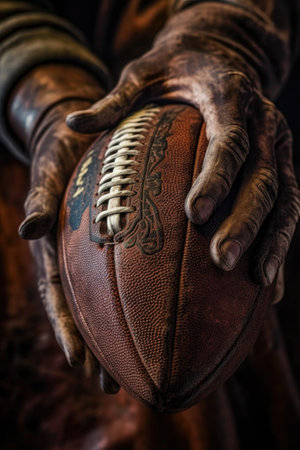 a detailed shot of a football players gloves gripping the ball, created with generative aiの素材