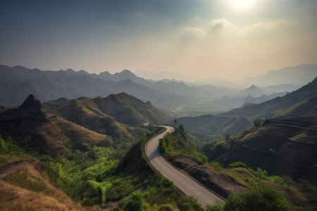 road trip, with stop for scenic view at beautiful vista of mountains and valleys, created with generative aiの素材