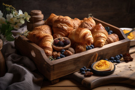 rustic wooden platter filled with freshly baked croissants and pastries, created with generative aiの素材