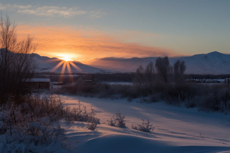 winter sunrise, with the sun peeking over the mountain range and casting its warm light across the snow, created with generative aiの素材