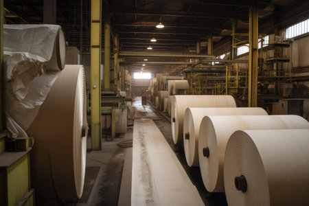 paper mill, towering stacks of raw paper rolls and steam rising, created with generative aiの素材