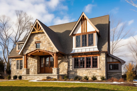 warm and inviting exterior with detailed windows, shingled accents, and stone steps, created with generative aiの素材