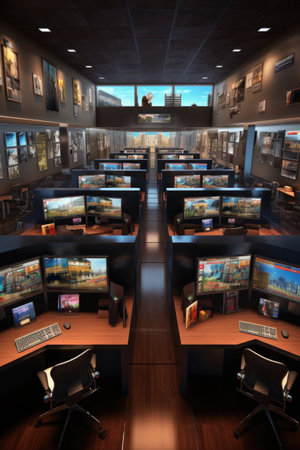 call center workspace with multiple computer screens, created with generative aiの素材