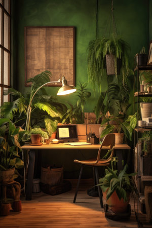 workspace with computer, potted plant, and stylish lamp, created with generative aiの素材
