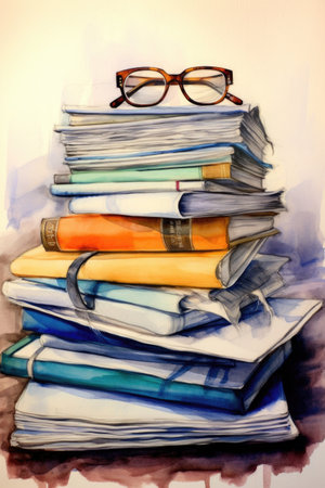 stack of documents with pen and reading glasses, created with generative aiの素材