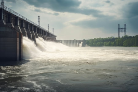 view of large hydroelectric power plant, with turbines spinning and generating electricity, created with generative aiの素材