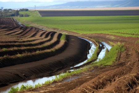 agriculture field with runoff pouring down the slope of the field and into nearby waterway, created with generative aiの素材