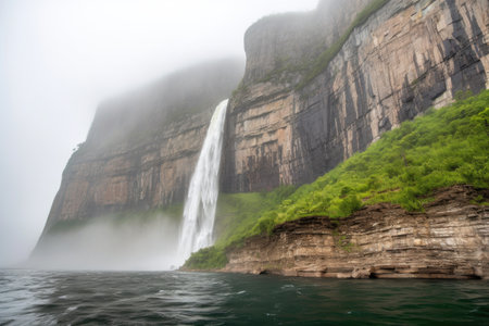 majestic waterfall cascading over rocky cliff face, with mist rising from the water, created with generative aiの素材