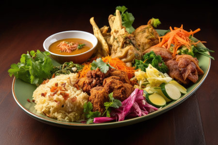 plate of international fusion cuisine with mix of ingredients and flavors, created with generative aiの素材