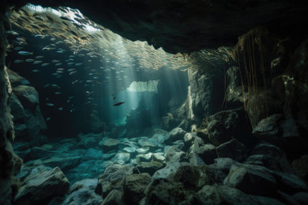 underwater cave, with schools of fish swimming past and seaweed swaying in the current, created with generative aiの素材