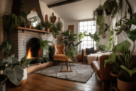 a living room with a fireplace and a variety of indoor plants, created with generative aiの素材