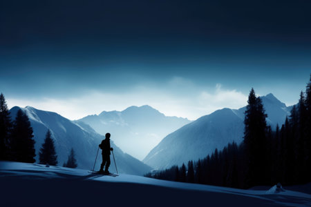 winter scene, with snowy mountains in the background and silhouetted skier or snowboarder, created with generative aiの素材