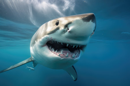 close-up of shark with its jaws open, ready to attack, created with generative aiの素材