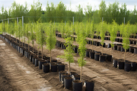 tree nursery, with rows of newly planted trees ready for growth, created with generative aiの素材