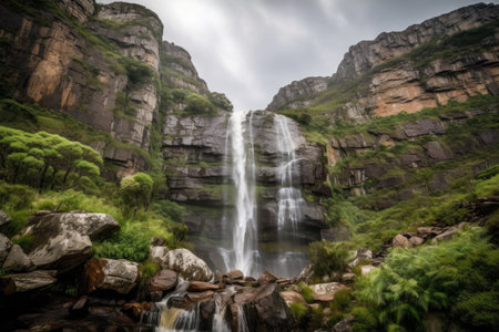 majestic waterfall cascading over rock face in mountain setting, created with generative aiの素材
