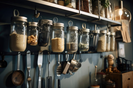 zero-waste kitchen, with reusable containers, jars and utensils hanging from hooks on the wall, created with generative aiの素材