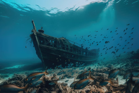 shipwreck surrounded by schools of fish swimming in the surrounding waters, created with generative aiの素材