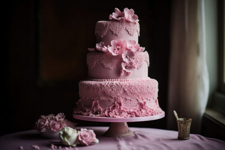 pink and pearl-themed wedding cake with flowing details and lace accents, created with generative aiの素材