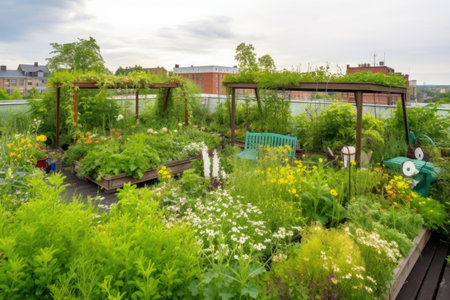 green rooftop garden, with blooming flowers and greenery, created with generative aiの素材