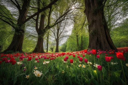majestic tulip field with towering trees in the background, created with generative aiの素材