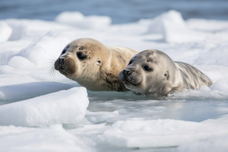 seal pup plays with its sibling, sliding on the ice and chasing one another, created with generative aiの素材