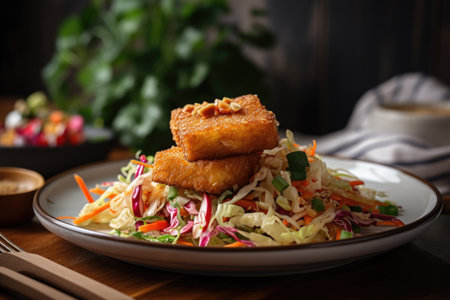 plate of crispy fried tofu, paired with colorful vegetable slaw, created with generative aiの素材