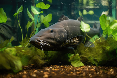 a catfish swimming through a lush underwater garden, created with generative aiの素材