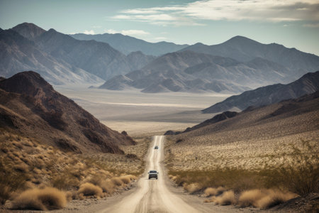 road trip across a rugged and scenic landscape, with mountains in the background, created with generative aiの素材