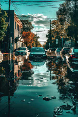 flooded streets and submerged cars after storm, created with generative aiの素材
